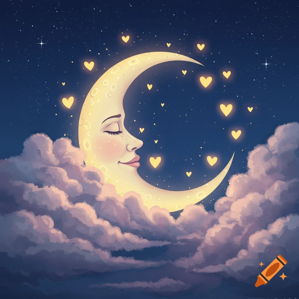 Whimsical illustration of a smiling crescent moon with a face, surrounded by glowing hearts and soft clouds in a starry night.