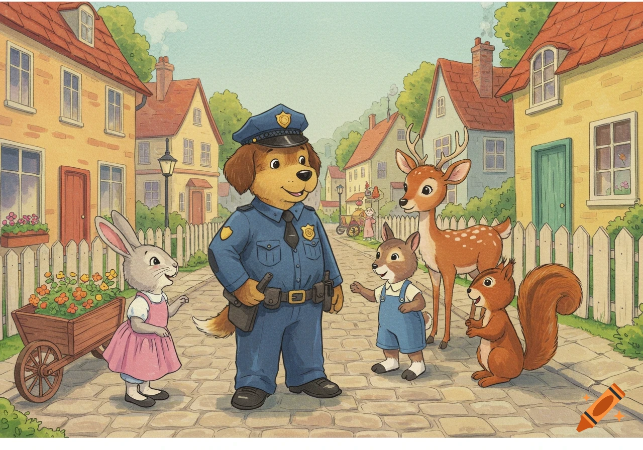 A friendly anthropomorphic police dog greets a rabbit, deer, squirrel, and small rodent in a colorful storybook town.