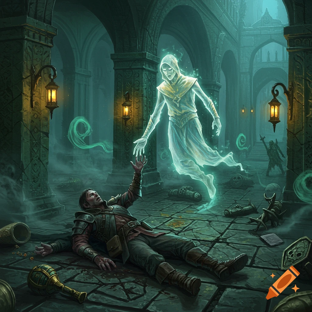 A man lies on the ground in a misty dungeon, reaching up to a translucent, robed ghost hovering above him, in a fantasy art style.