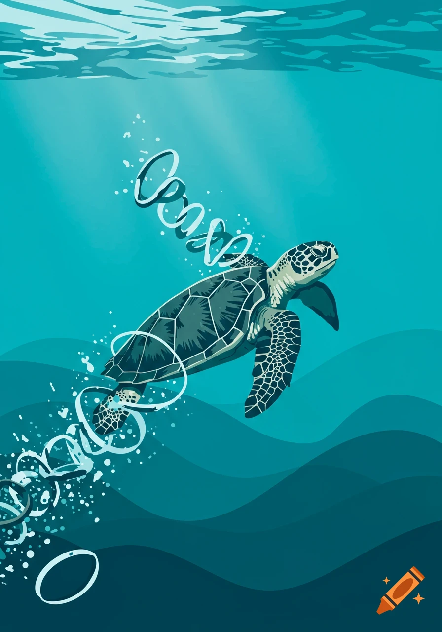 Bold graphic illustration of a sea turtle swimming underwater, breaking free from entangled plastic rings, in flat teal and turquoise colors.