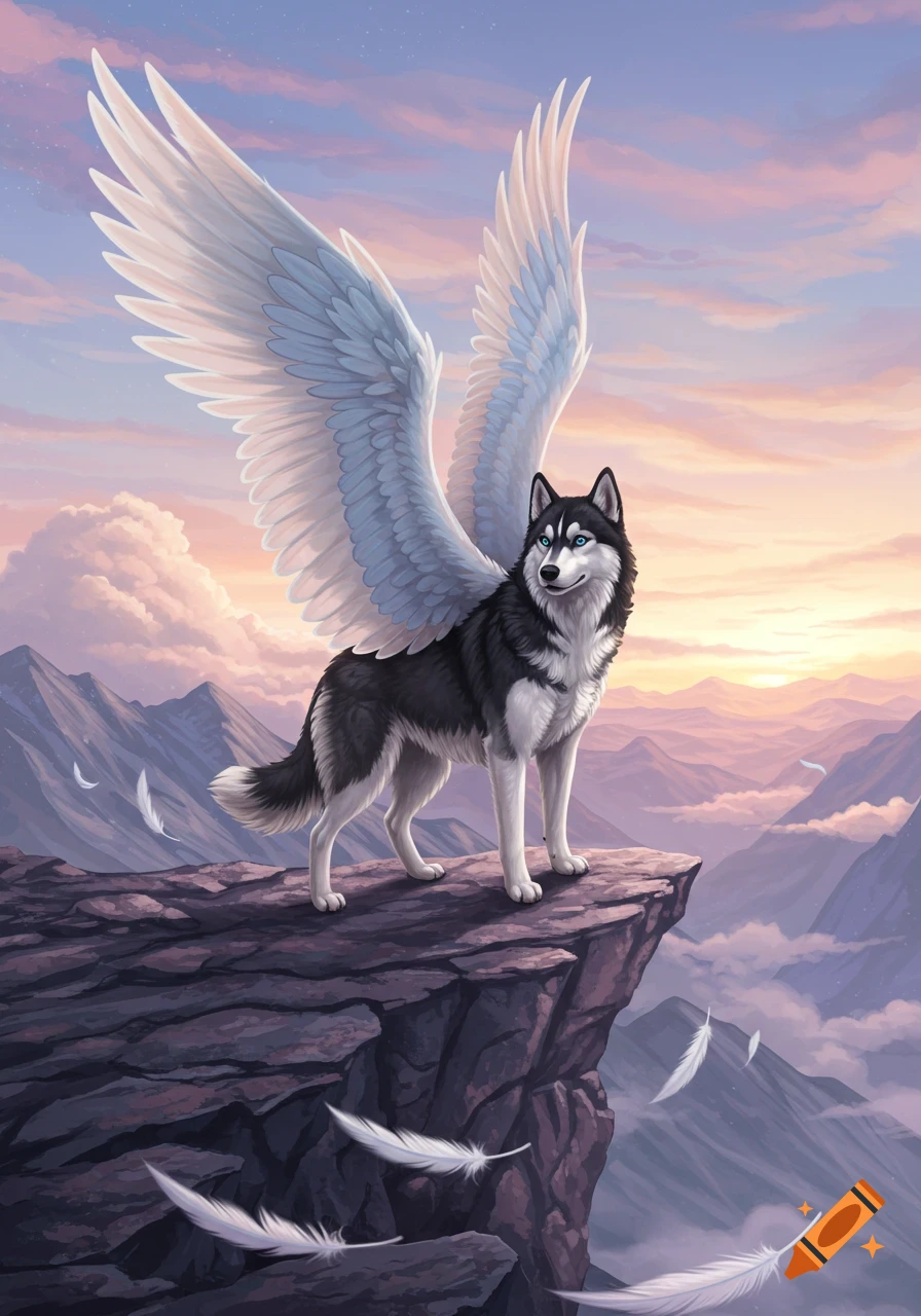 A majestic black and white husky with large white wings stands on a rocky cliff overlooking a serene mountain landscape at sunset.
