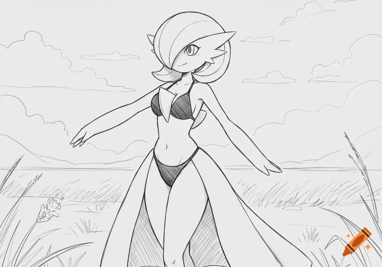 Pencil line sketch of an anthropomorphic Gardevoir in a black bikini, smiling softly in a field.