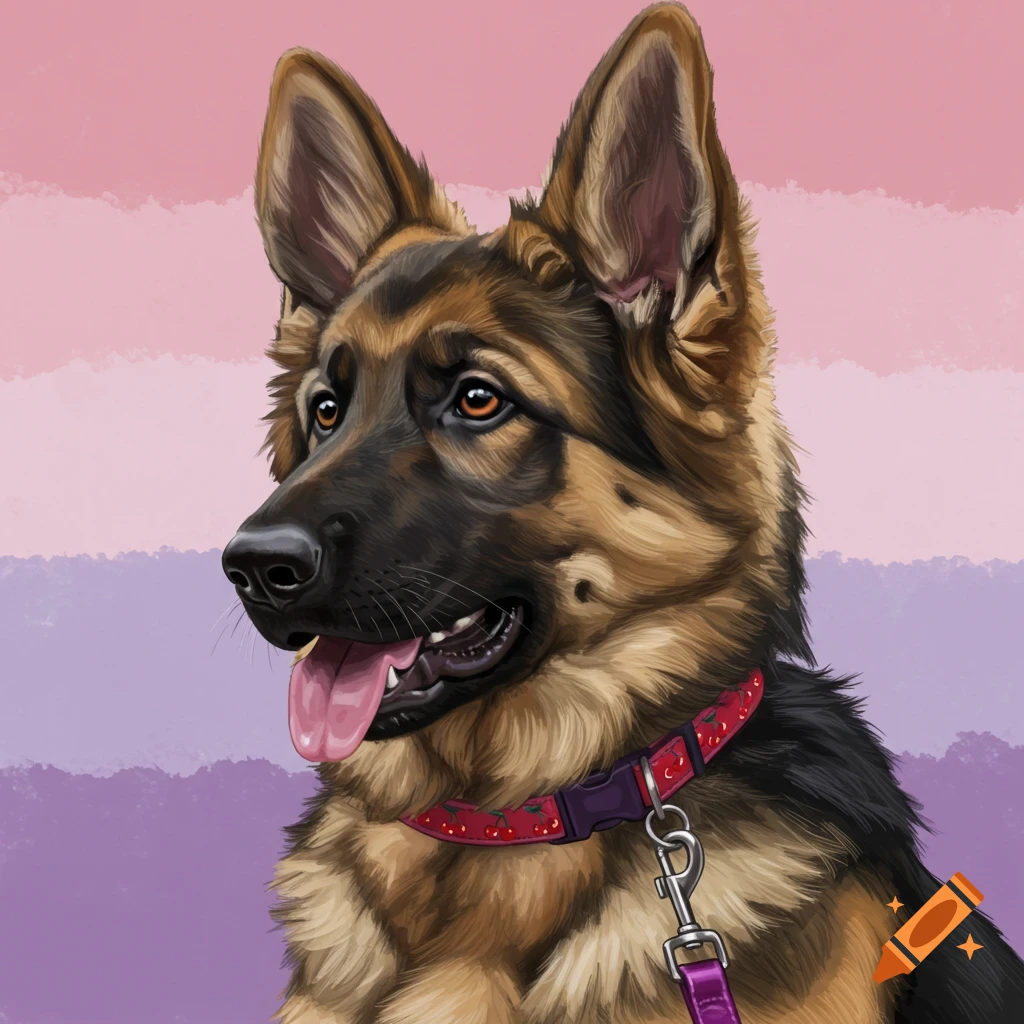 A digital drawing of a German Shepherd dog with a red cherry collar and purple leash against a pink and purple striped background.
