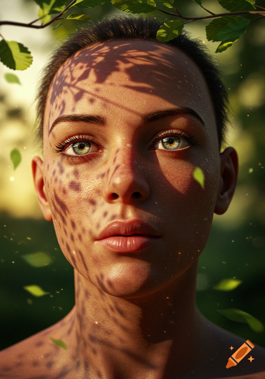 Close-up photorealistic portrait of a person's face, illuminated by dappled sunlight and leaf shadows, with glowing particles in the air.