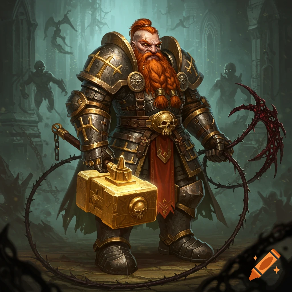 A detailed fantasy illustration of a red-bearded dwarf paladin in ornate armor, holding a golden hammer and a thorny whip, in a dark setting.