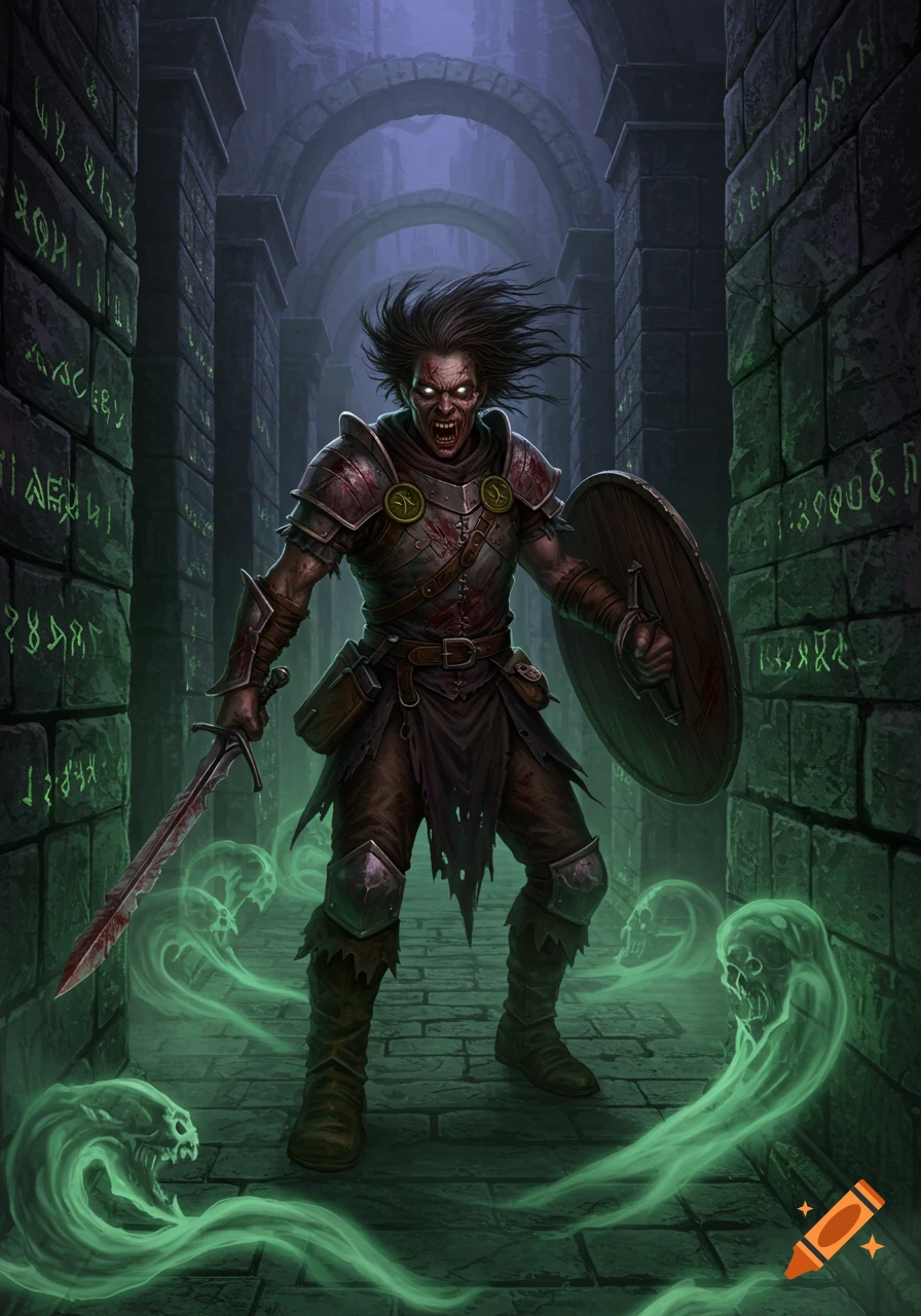 A maniacal, undead adventurer with a bloody sword and shield in a dark, eerie labyrinth with glowing green runes and ghostly skulls.