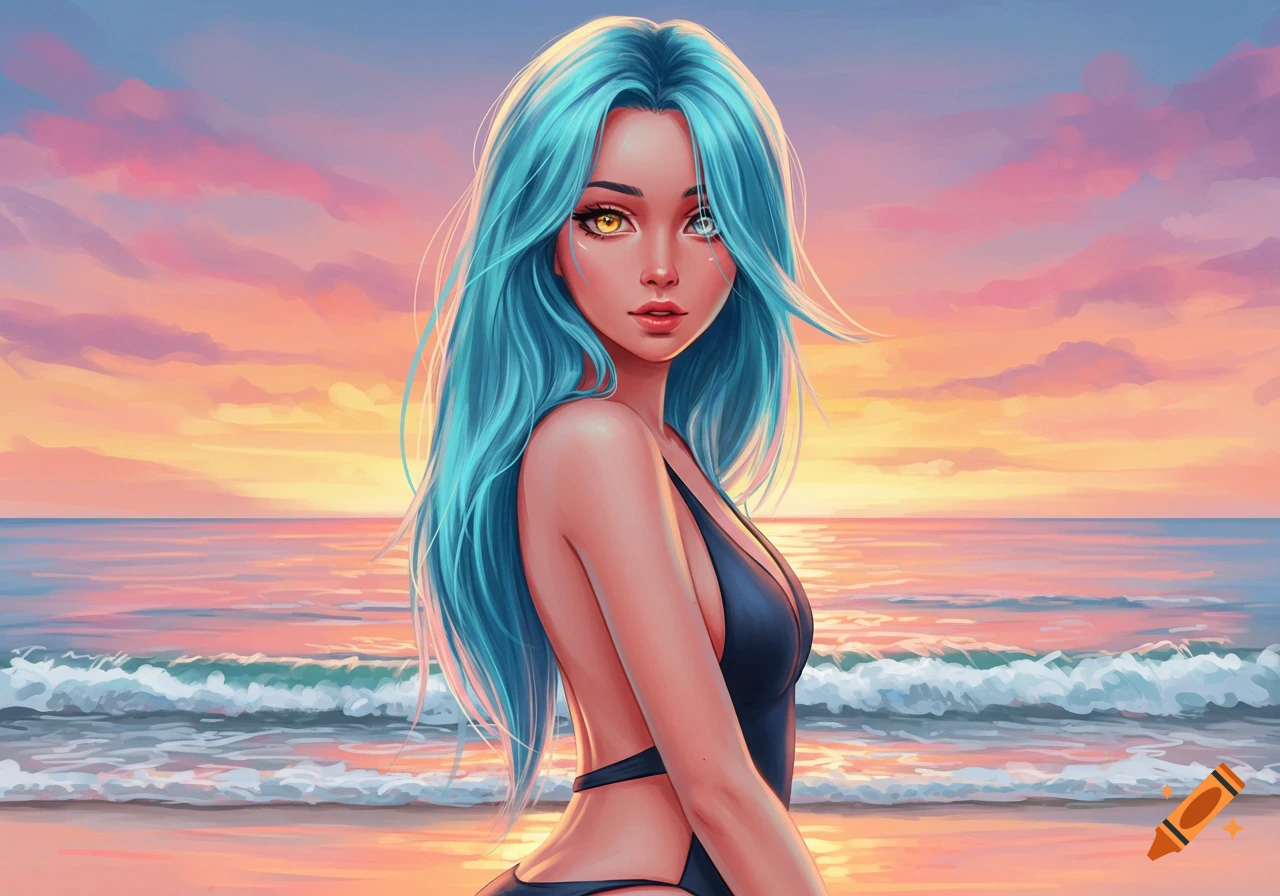Anime woman with blue hair and heterochromatic eyes wearing a swimsuit on a beach at sunset.