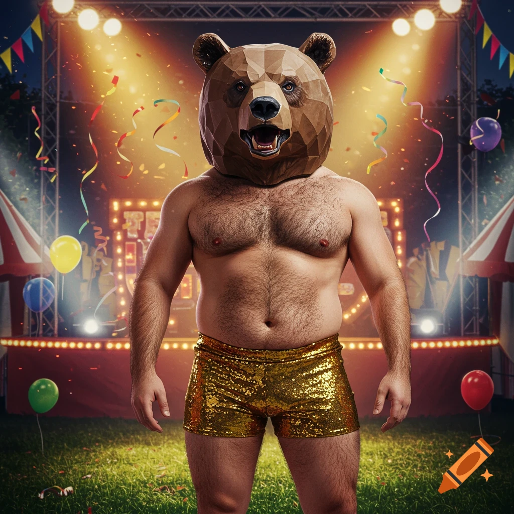 A shirtless, hairy man wearing a polygonal bear mask and shiny gold shorts stands in a brightly lit outdoor circus scene.