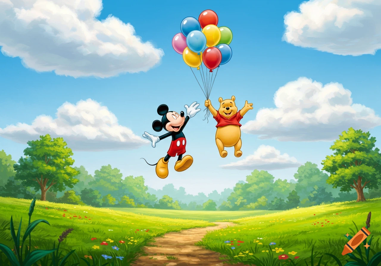Mickey Mouse and Winnie the Pooh float in a blue sky, holding colorful balloons above a green landscape. Cartoon style.