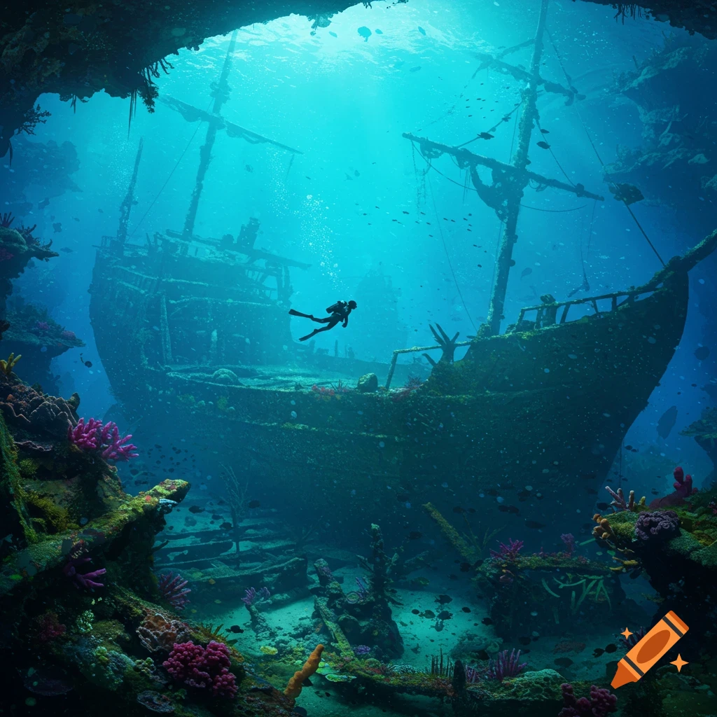 A scuba diver swims past a large, ancient shipwreck adorned with coral on the deep ocean floor, with sunlight filtering from the surface.