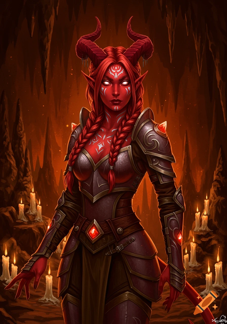 A red-skinned Tiefling woman with horns, braided hair, and armor stands in a dark, candlelit cave.
