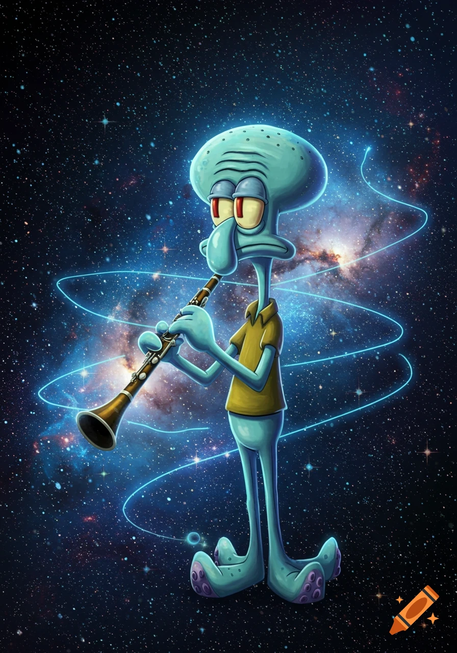 Squidward from Spongebob Squarepants plays a clarinet, surrounded by swirling blue light in a vibrant cosmic galaxy.