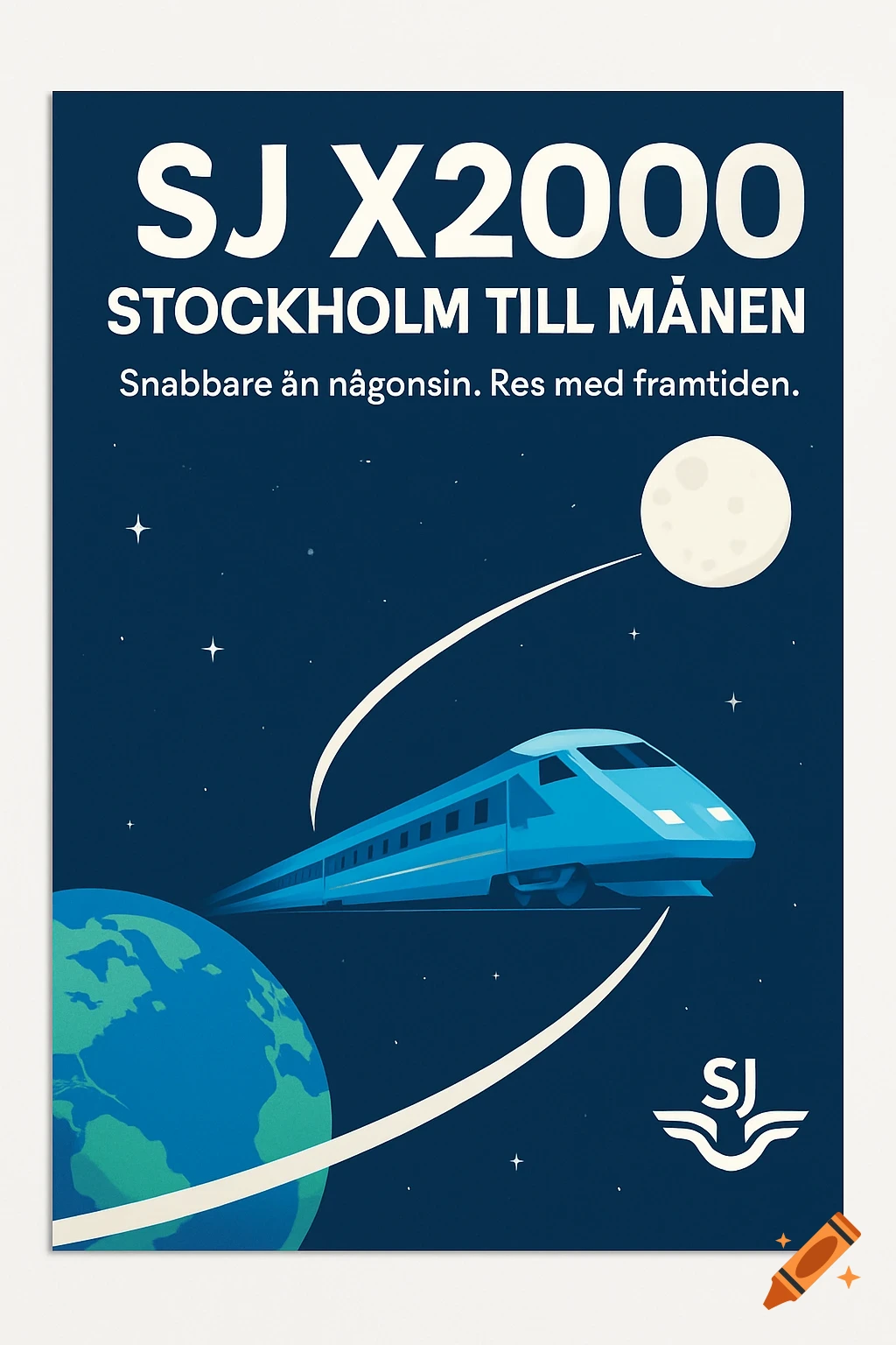 Flat-design poster shows a blue high-speed train traveling from Earth towards the Moon in a starry space. Text: SJ X2000, Stockholm till Månen.