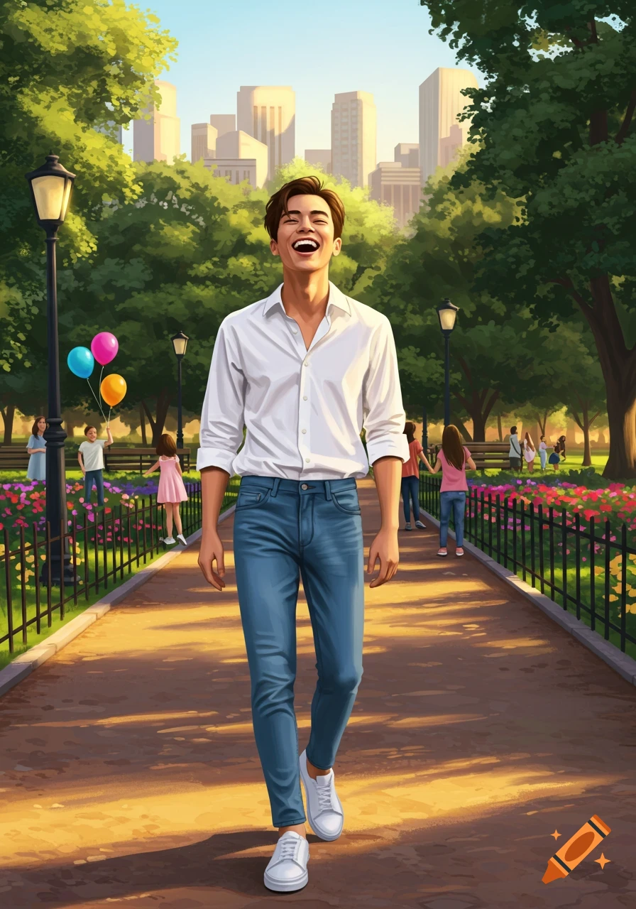 Illustrative happy man in white shirt and jeans walking in a park with city buildings in background.