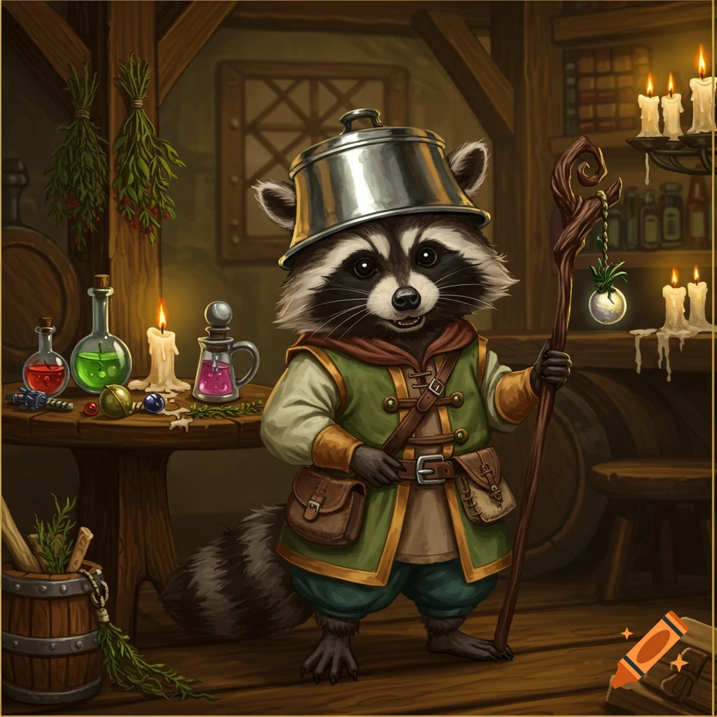 A cartoon raccoon cleric wearing a cooking pot helmet stands in a rustic room with potions and candles, holding a staff.