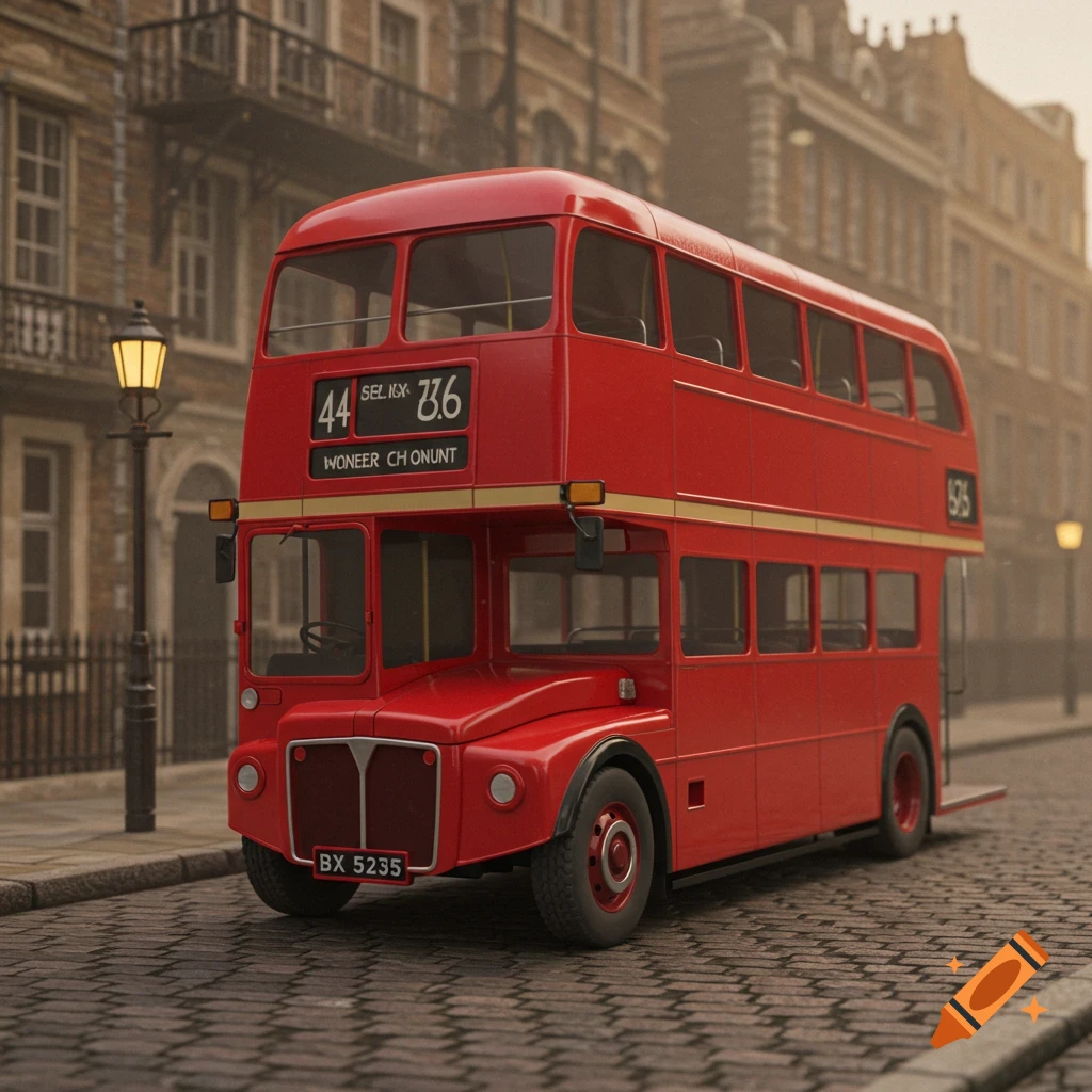 An animated 3D old-fashioned red London double-decker bus is parked on a cobblestone street in front of classic European buildings.