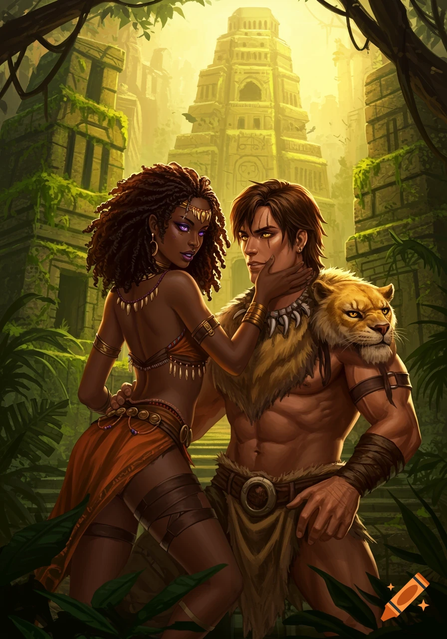 A strong African-American woman in Amazonian attire flirts with a muscular man in lion-hide armor in a jungle ruin.