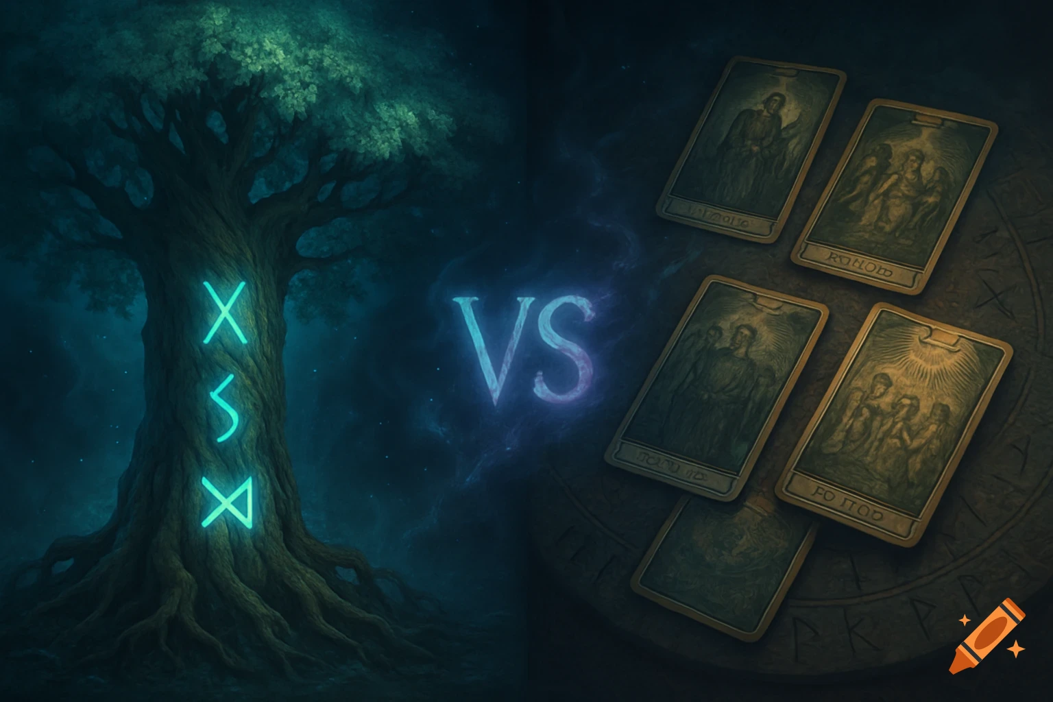 A fantasy image split into two, with a large, gnarled tree featuring glowing runes on the left, and several mystical tarot cards laid out on a stone surface on the right, separated by a glowing 'VS' in the center, all in a dark, ethereal setting.