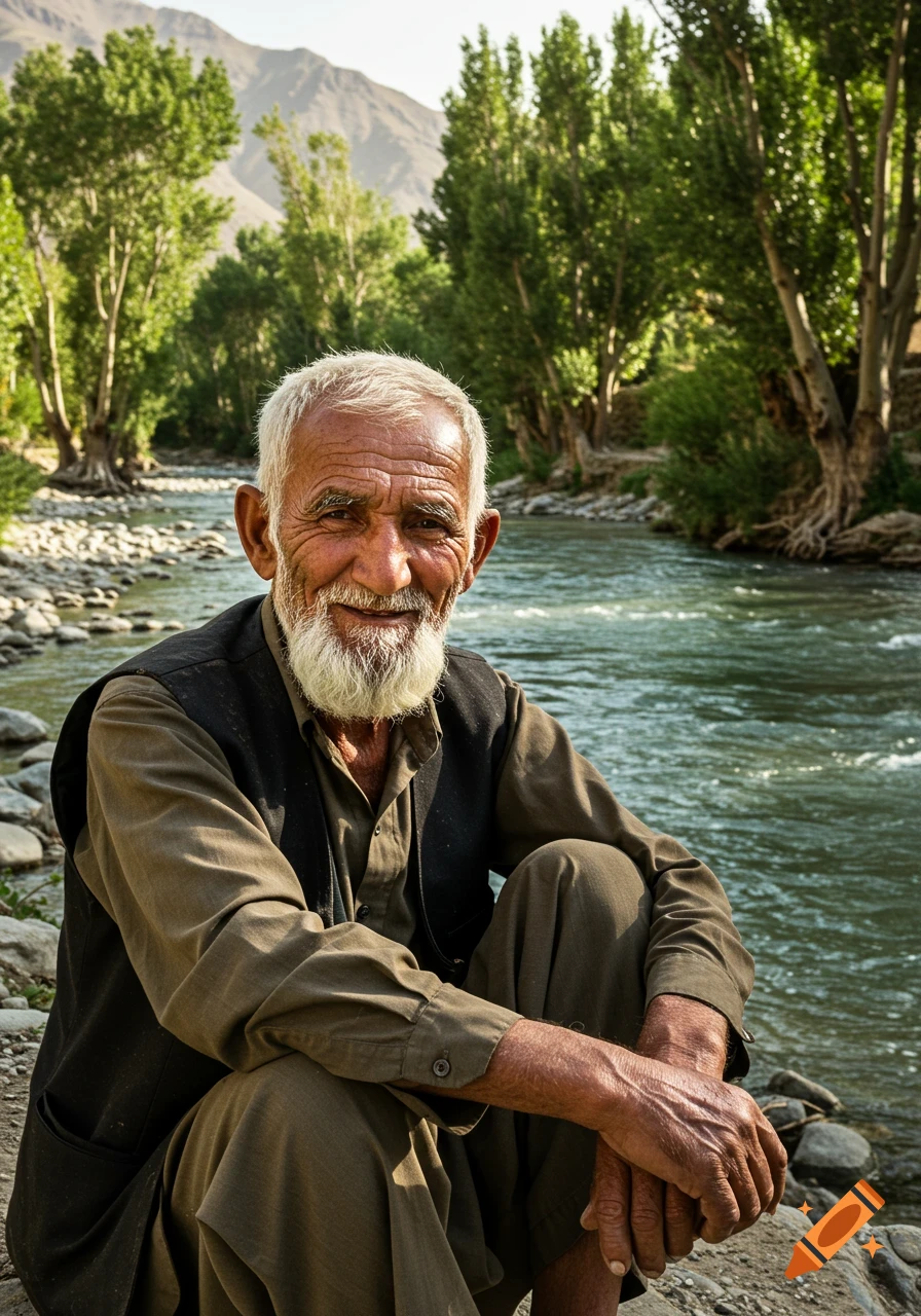 Photorealistic portrait of an elderly Afghan man with a white beard, smiling, sitting by a flowing river in a lush valley with tall trees and mountains.