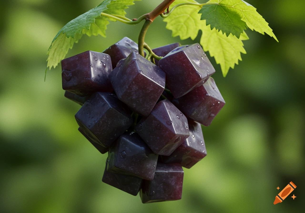 Close-up of a bunch of dark purple cube-shaped grapes with water droplets, hanging from a vine with green leaves against a blurred green background.