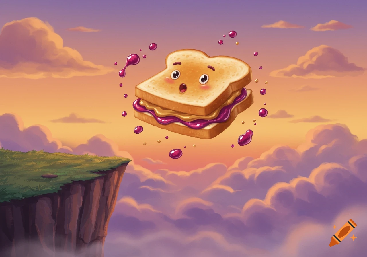 Whimsical illustration of a surprised peanut butter and jelly sandwich floating above clouds next to a cliff at sunset.