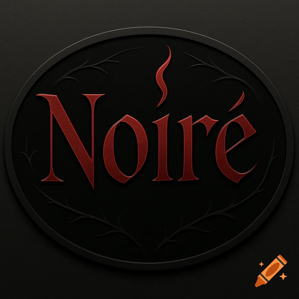 Stylized red 'Noir é' text on a dark black oval plaque with subtle thorn patterns and a flame-like accent.