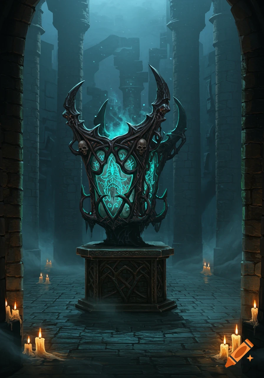 A glowing turquoise gothic magical artifact sits on a pedestal in an eerie, dark stone labyrinth, surrounded by lit candles.