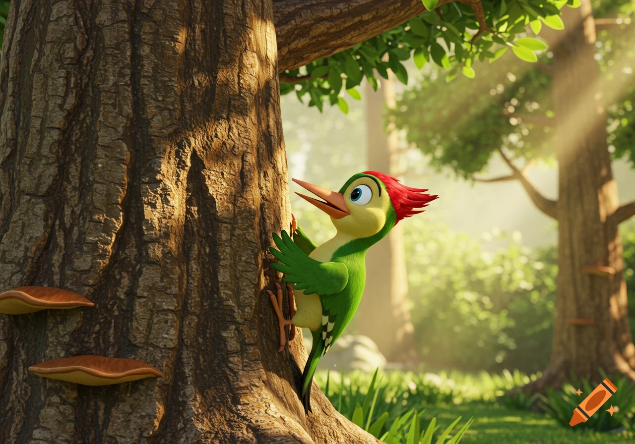 A cartoon green woodpecker with a red crest and yellow belly climbs a tree trunk in a sunlit forest.