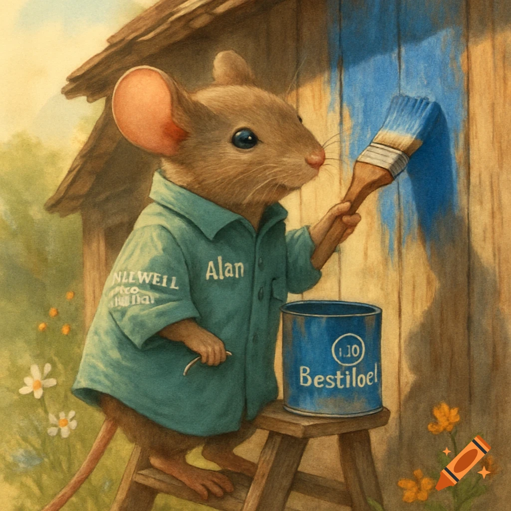 A cute mouse in a teal work shirt paints a wooden wall blue. A paint can rests on a small ladder. Whimsical illustration.