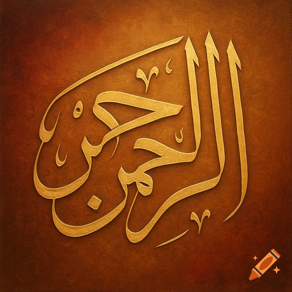 Golden Arabic calligraphy of 'Al-Rahman' on a textured brown background.