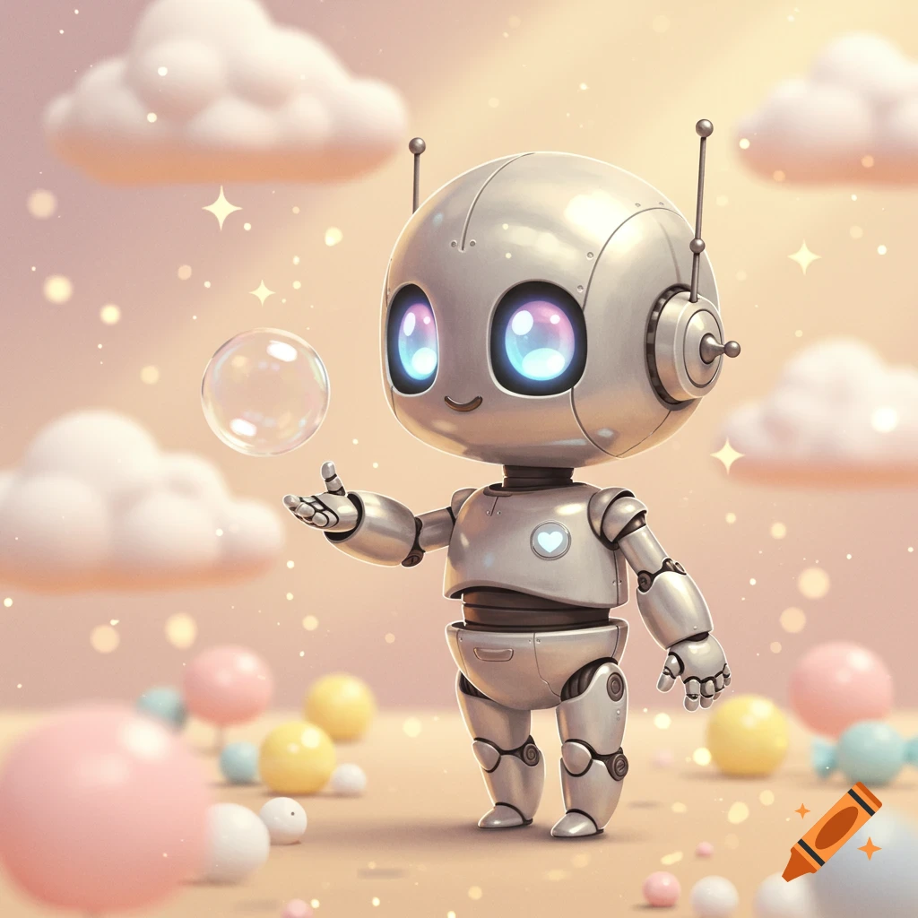 A cute, shiny silver robot with glowing eyes gently holds out a hand towards a bubble in a dreamy pastel landscape with soft clouds and colorful spheres.