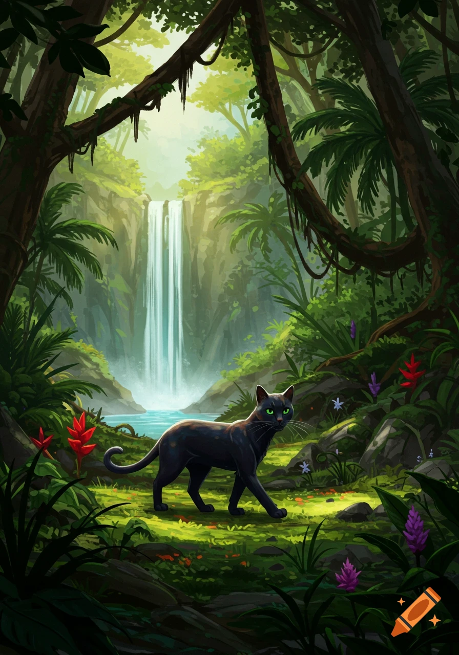 A stylized illustration of a black cat with green eyes walking in a vibrant jungle with a large waterfall in the background.