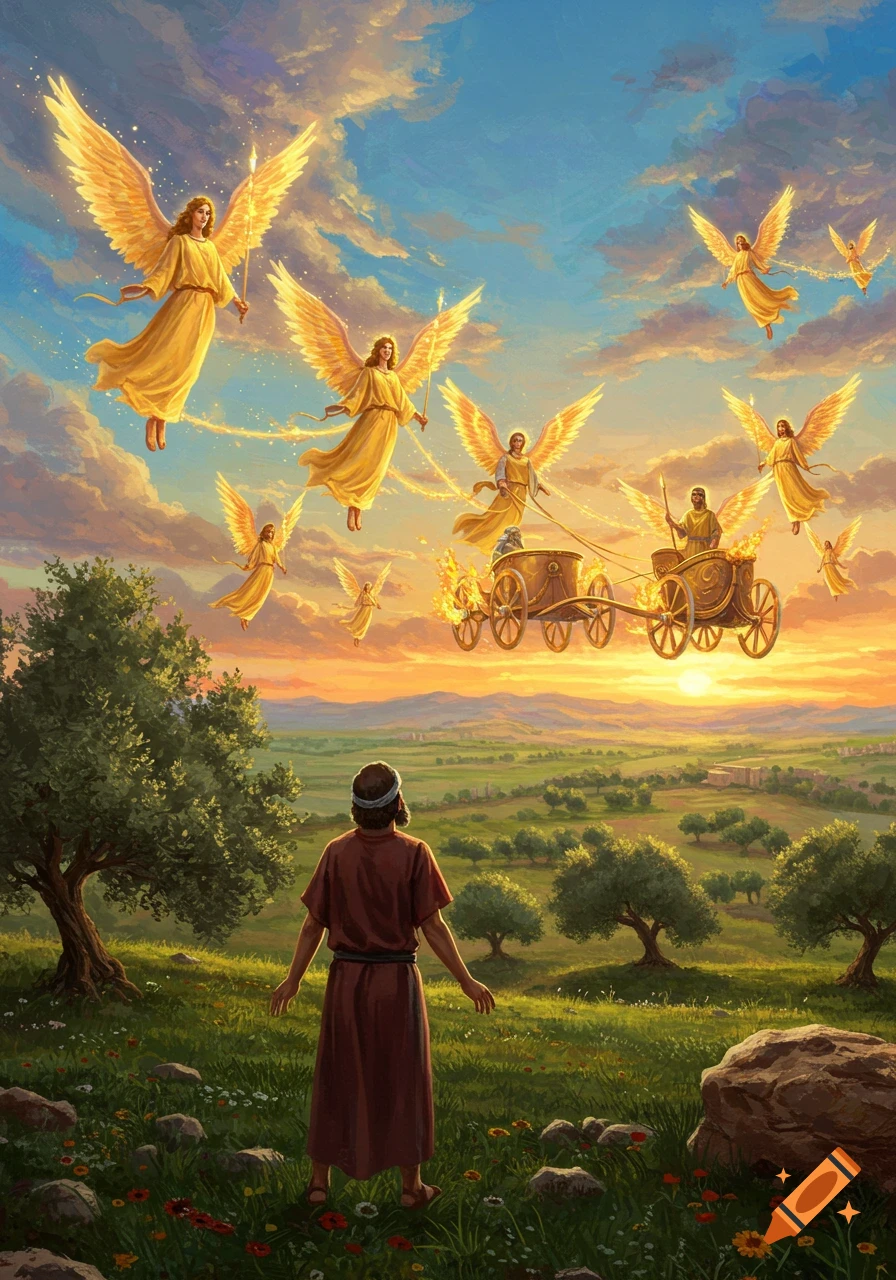 A man in a field looks up at a sky filled with golden-winged angels and chariots of fire during sunset over a green landscape.
