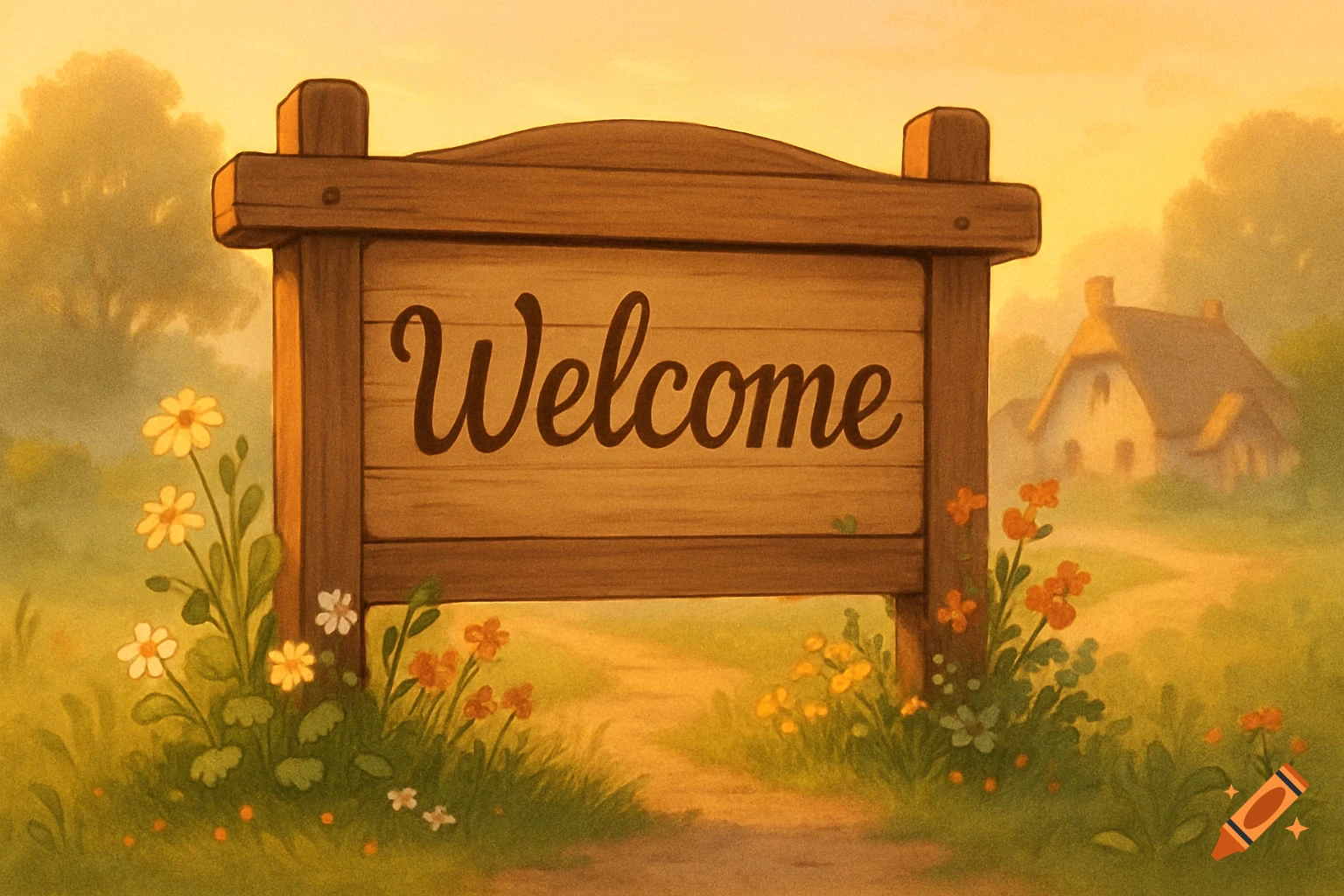 A rustic wooden welcome sign stands on a dirt path, surrounded by colorful wildflowers, with a cozy cottage in the background at sunset, in an illustrative style.