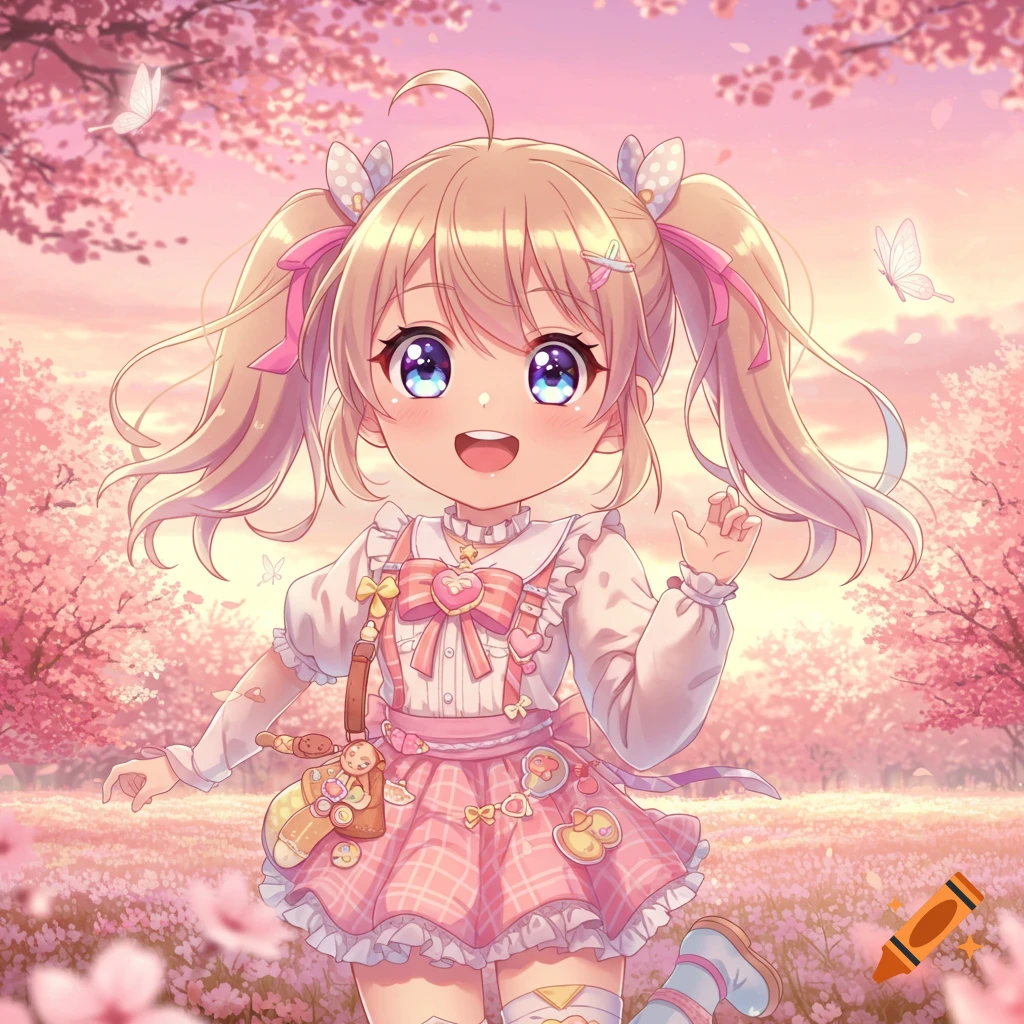 Cute anime girl with blonde pigtails, blue eyes, and a pink plaid dress smiles and waves in a field of cherry blossoms.