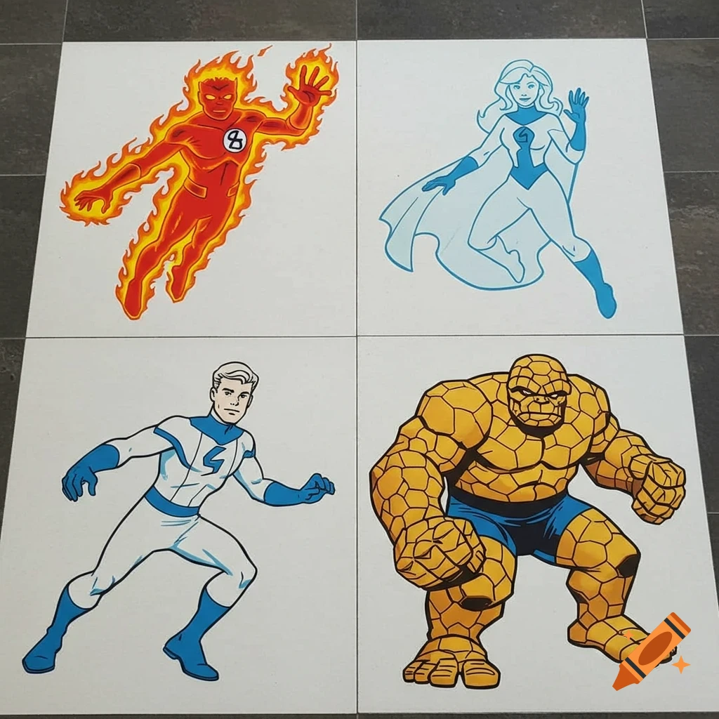 Comic style art of four Fantastic Four superheroes: Human Torch, Invisible Woman, Mr. Fantastic, and The Thing, each on a separate floor tile.