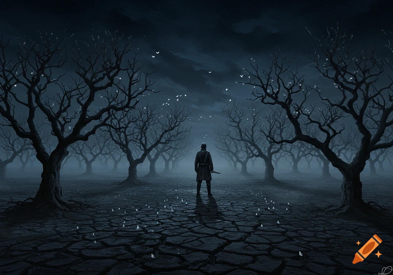 A lone guard stands on cracked earth in a misty, moonlit forest of barren trees, a dark atmospheric digital painting.