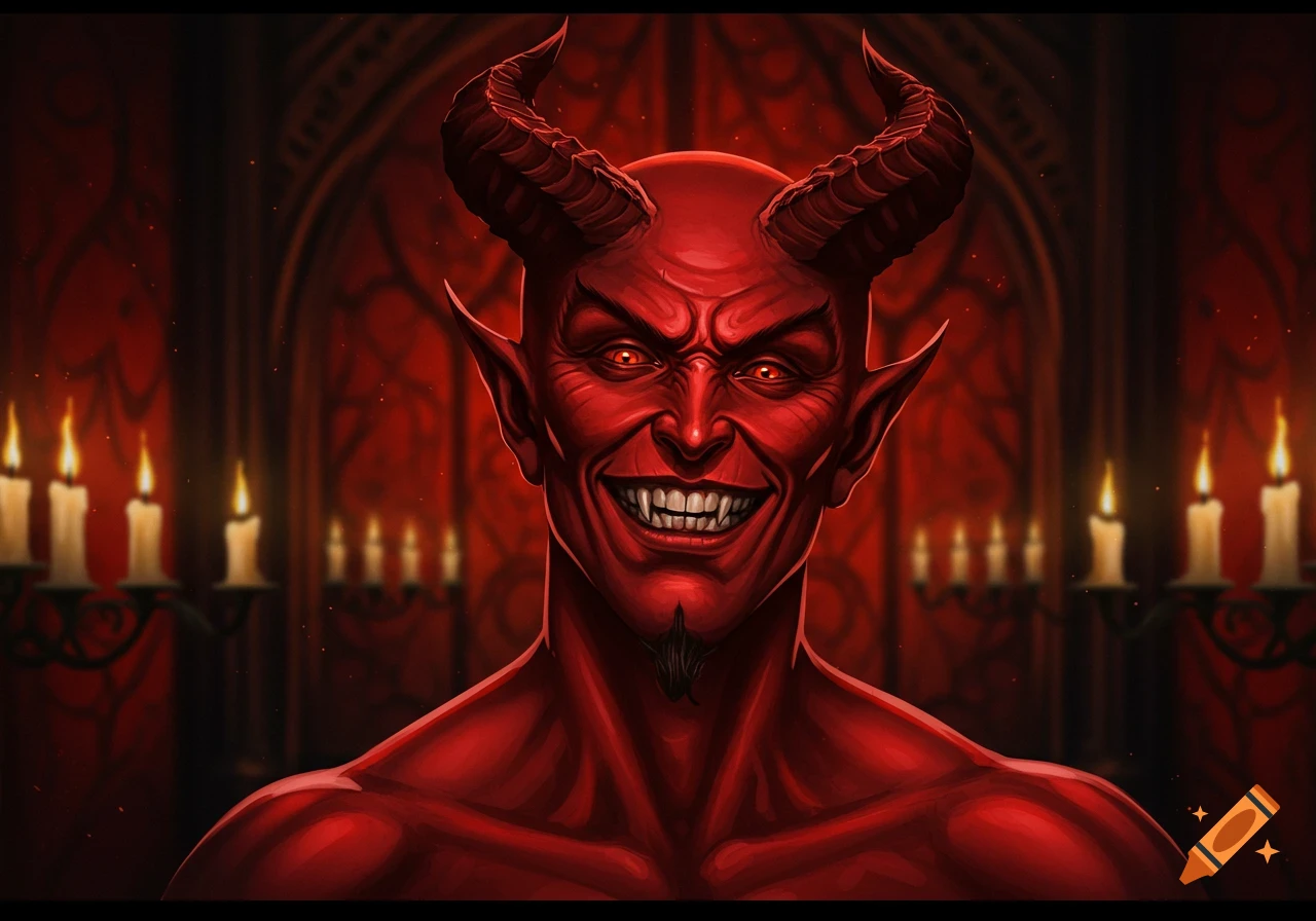 Close-up of a red-skinned devil with large horns, pointed ears, glowing red eyes, and a fanged smile, against a dark, candlelit background.