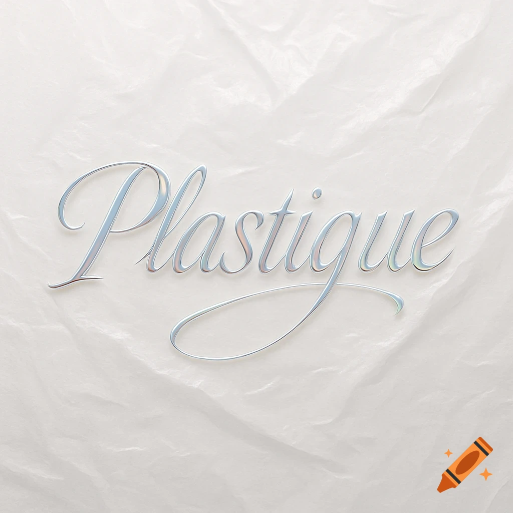 The word 'Plastique' in a shimmering silver script font on a white, crumpled plastic texture.