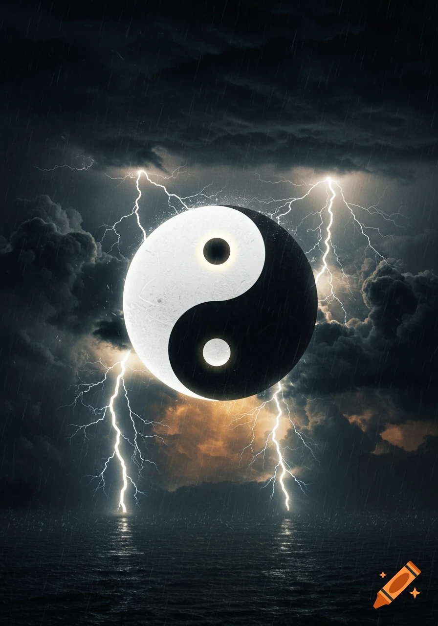 A large black and white Yin Yang symbol against a dark, stormy sky with bolts of lightning striking down into rough water.