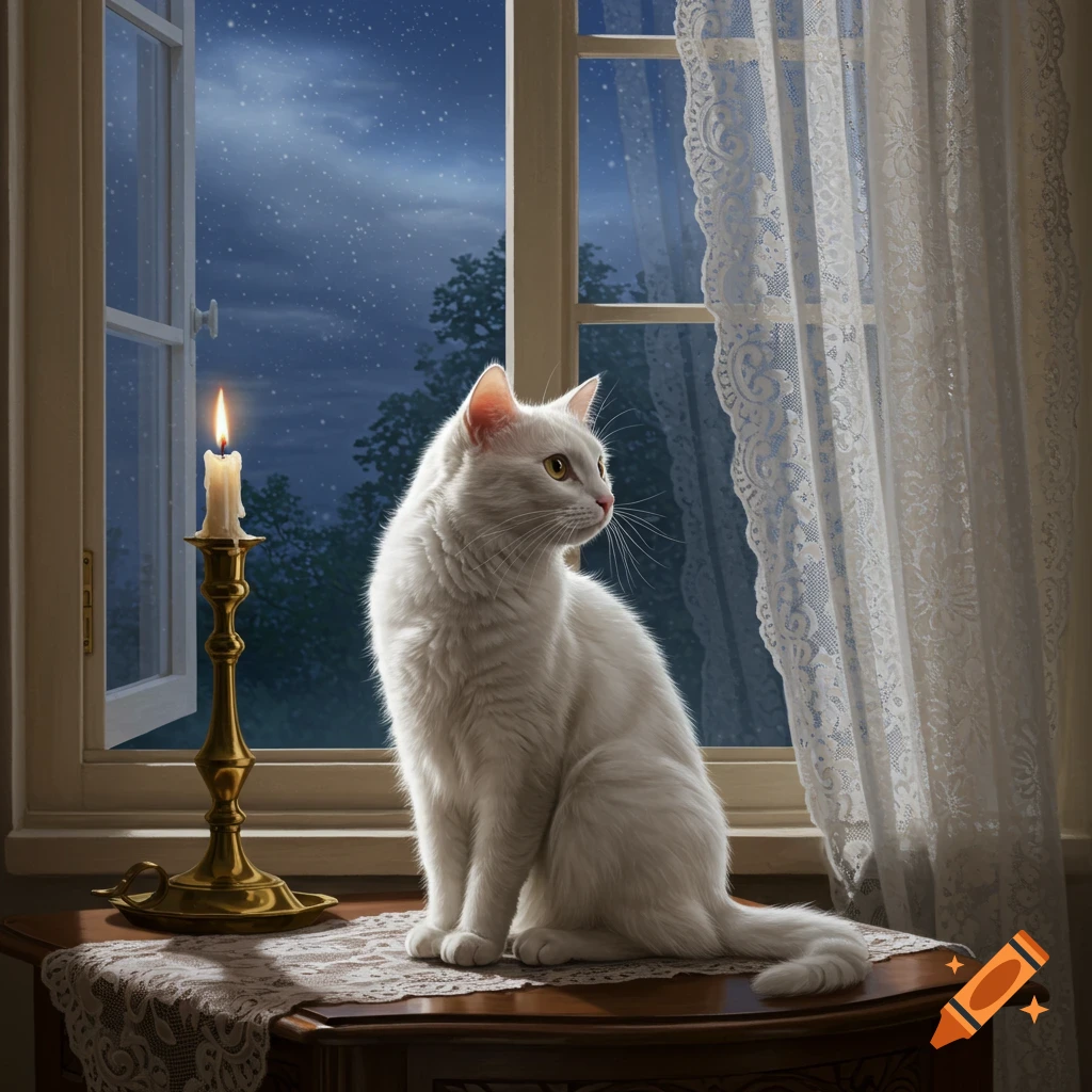 A fluffy white cat sits on a wooden table with a lace doily, looking out an open window into a starry night. A lit candle is nearby.