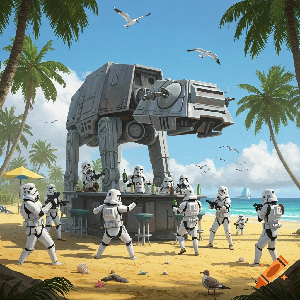 Stormtroopers party around an AT-AT bar on a sunny tropical beach with palm trees and seagulls, in an illustration.