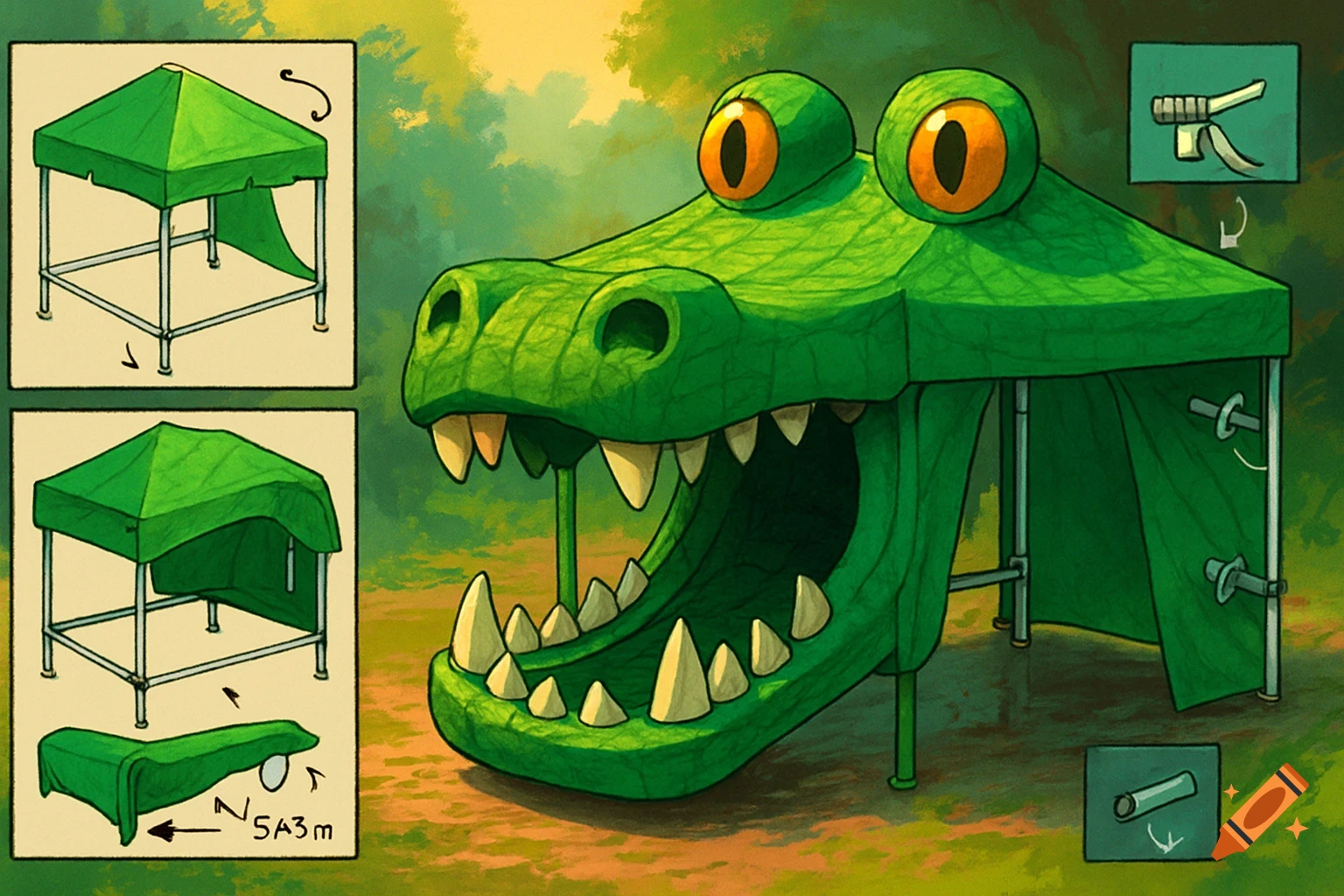 Illustrated guide showing a green crocodile-themed gazebo with step-by-step assembly diagrams.