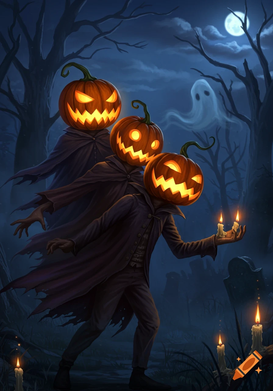 Three cloaked figures with glowing jack-o'-lantern heads walk through a dark, spooky forest at night with a ghost and full moon.