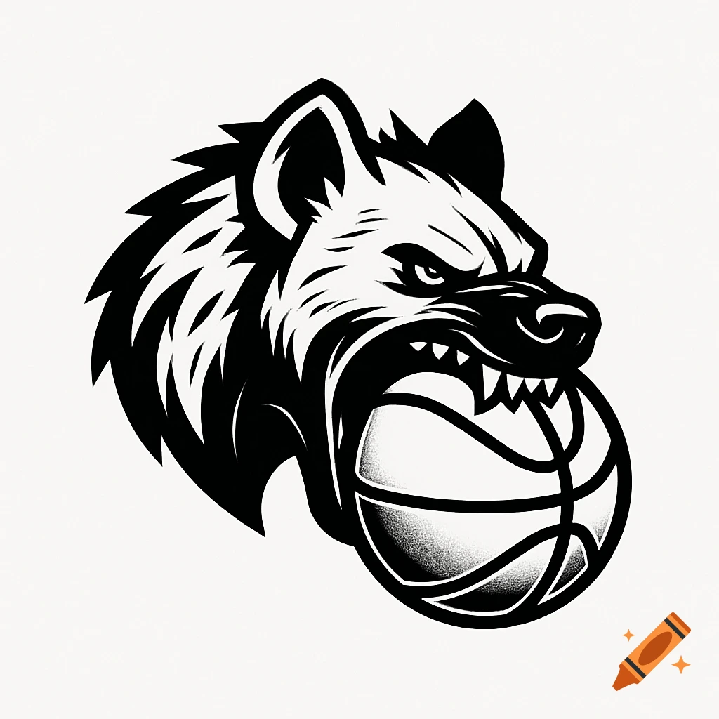 Monochromatic logo of an angry hyena head biting a basketball.