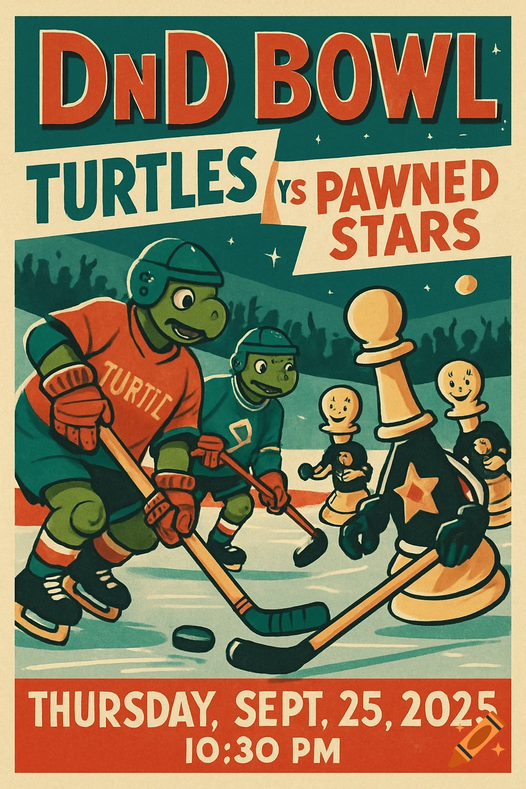 A vintage 1950s-style poster for "DND BOWL" featuring cartoon turtles playing hockey against anthropomorphic chess pieces. The poster advertises "THURSDAY, SEPT, 25, 2025 10:30 PM".