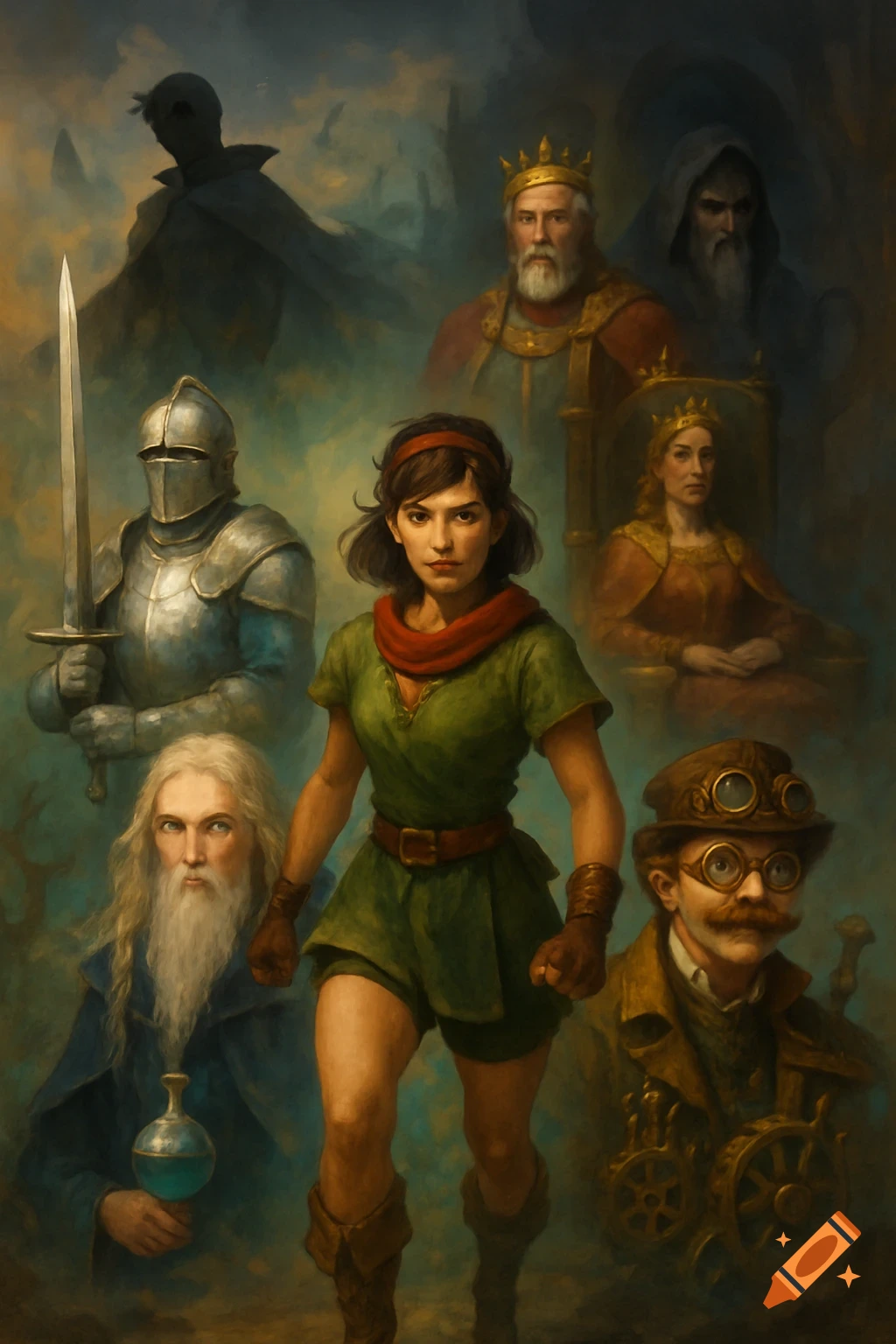 A semi-realistic fantasy painting featuring a young heroine, Tara, surrounded by a knight, alchemist, inventor, king, queen, and shadowy figures.