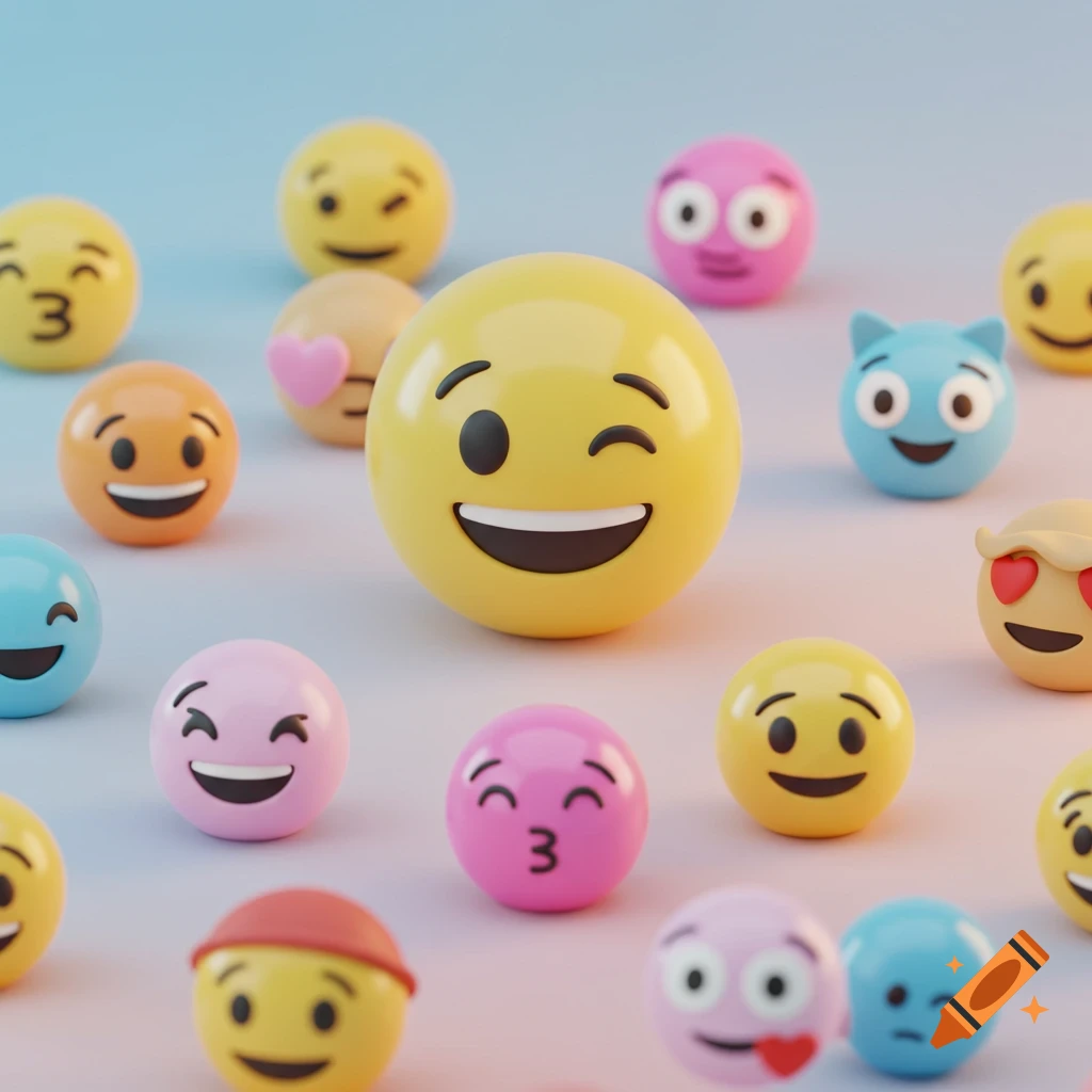 A close-up of numerous colorful 3D rendered emojis scattered on a gradient blue and pink surface, with a large winking yellow emoji in the foreground.