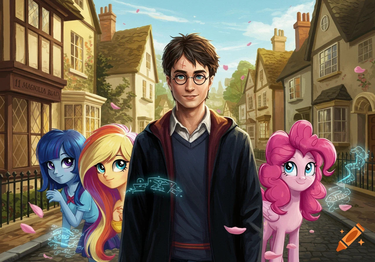 Harry Potter stands on a street with animated My Little Pony characters: human-like Twilight Sparkle and Sunset Shimmer, and pony Pinkie Pie.