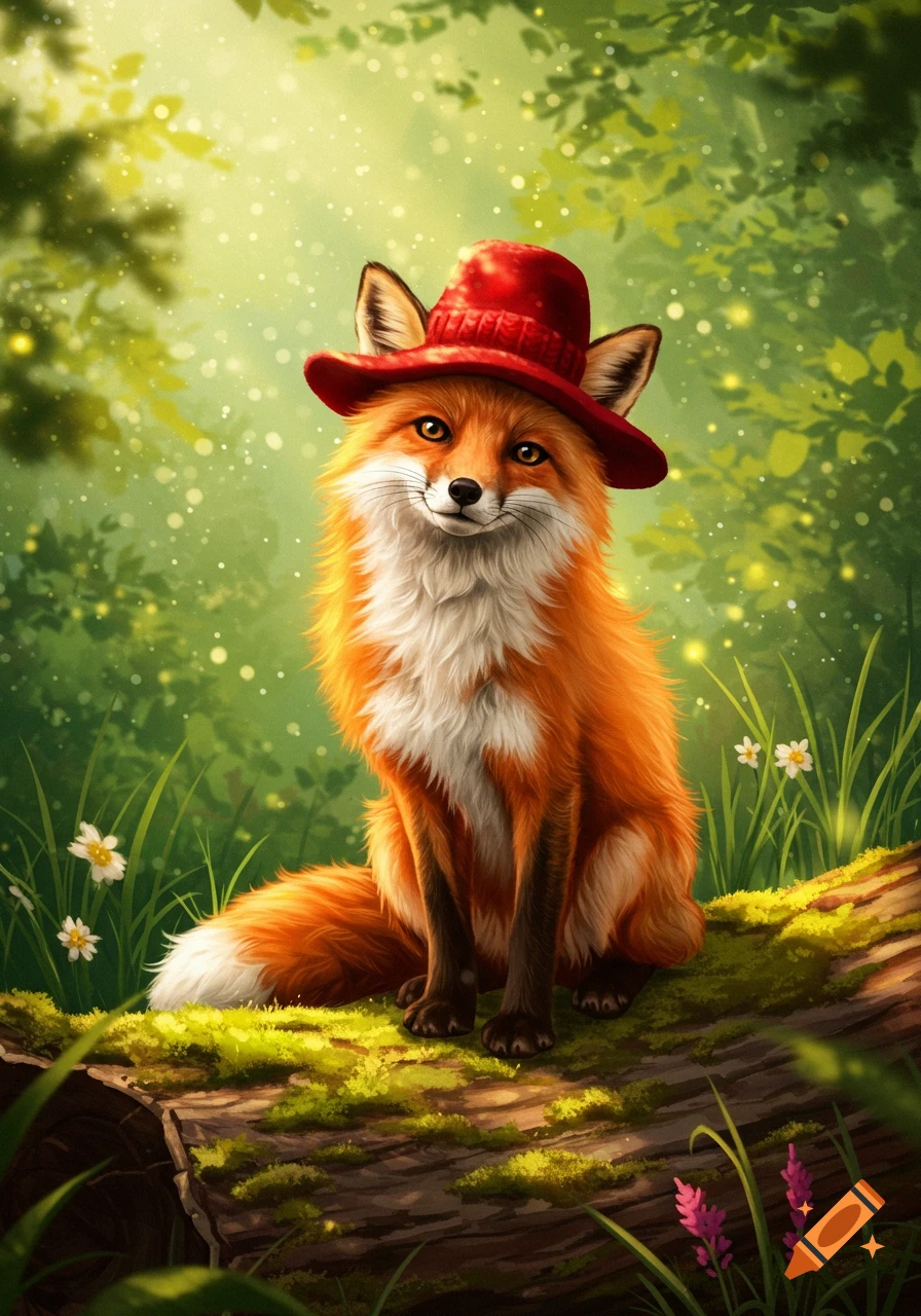 A cute red fox with a red hat sits on a mossy log in a glowing forest, digital illustration.